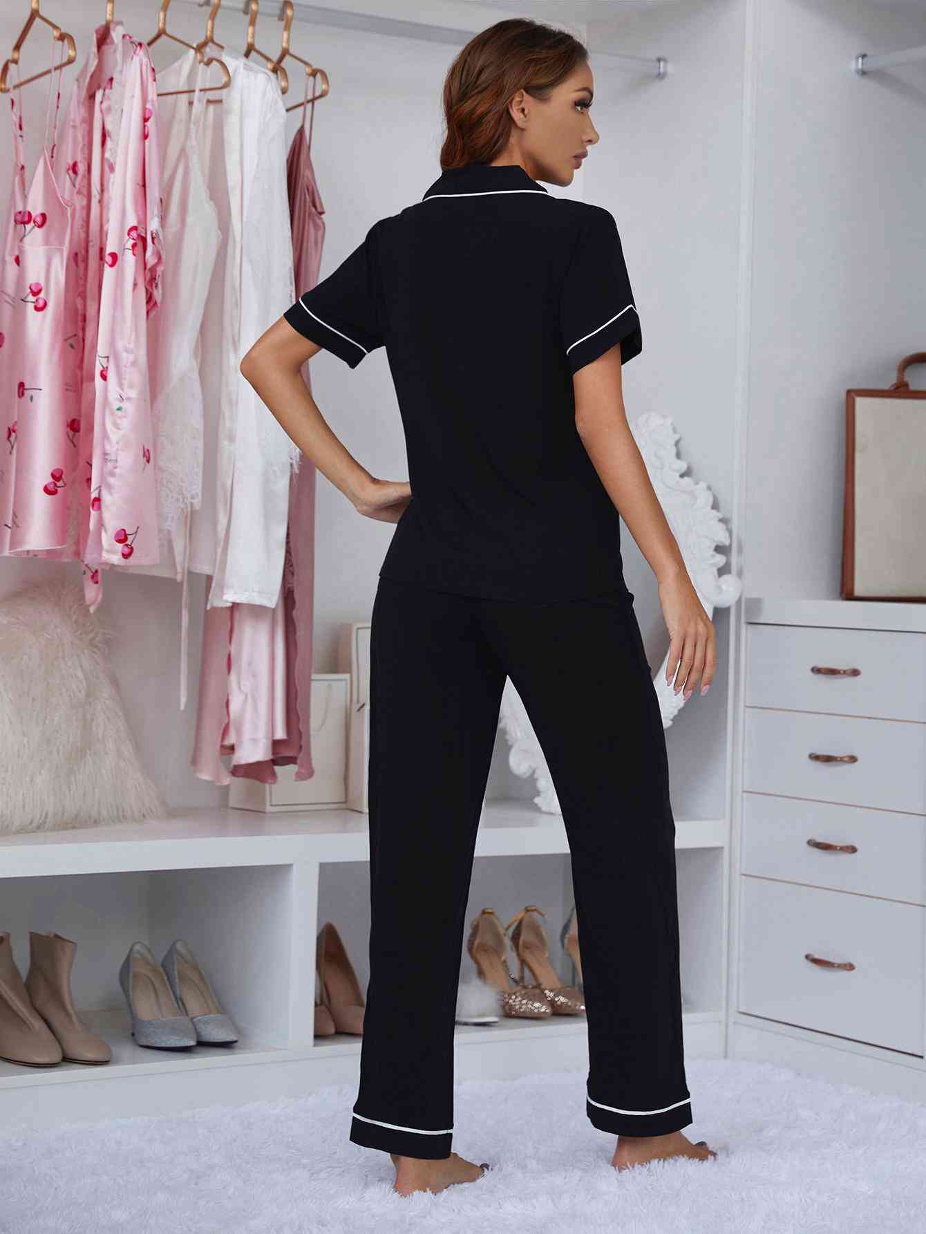 Piped Lapel Collar Short Sleeve Pajama Set