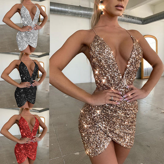 Spring/Summer fashion trend  deep V halter sequined dress