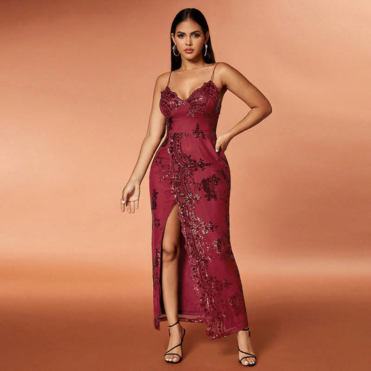 Sequin evening dress slit skirt wrap hip sexy beaded embroidered cross slit backless halter slim dress