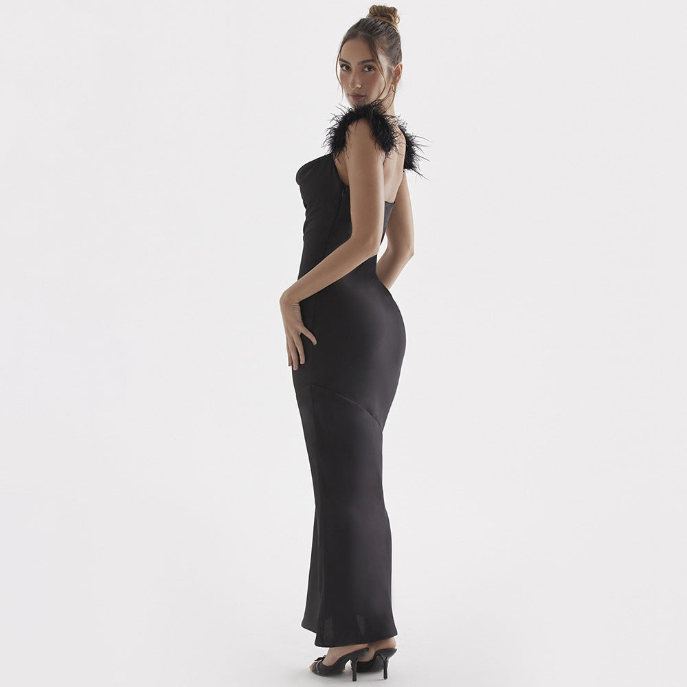 Women's new spring true feather slip dress slim bare backpack hip long dress black dress