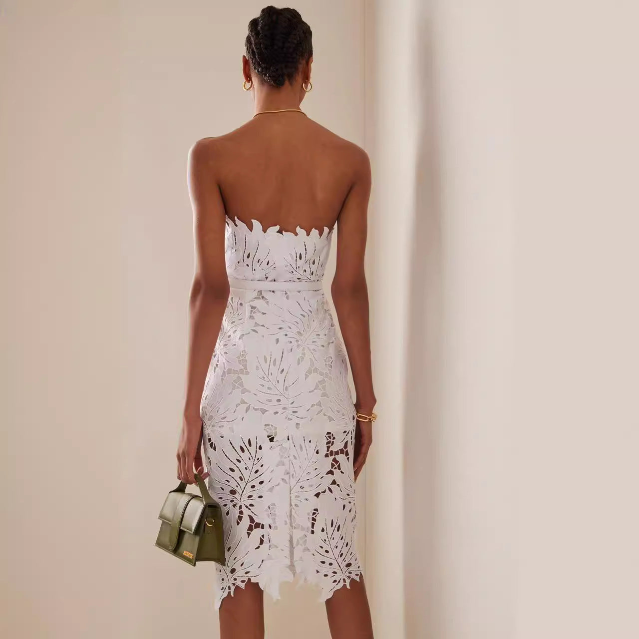 Strapless maple Leaf lace belt slim bandage dress