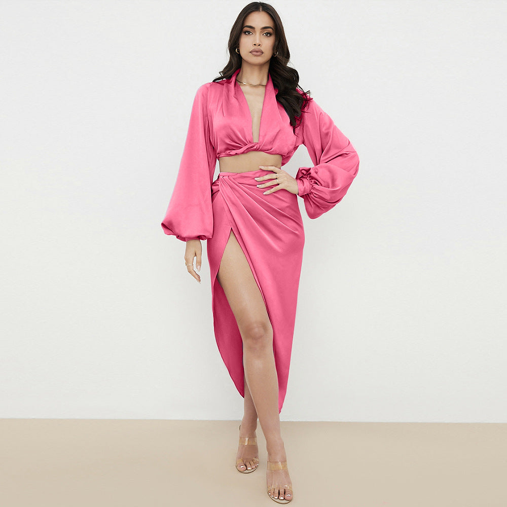 Long sleeve deep V crop top high slit skirt set - satin dress