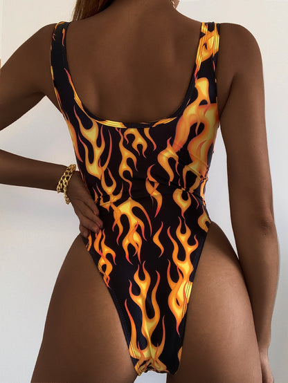 Russian flame print jumpsuit Sexy bodysuit bikini