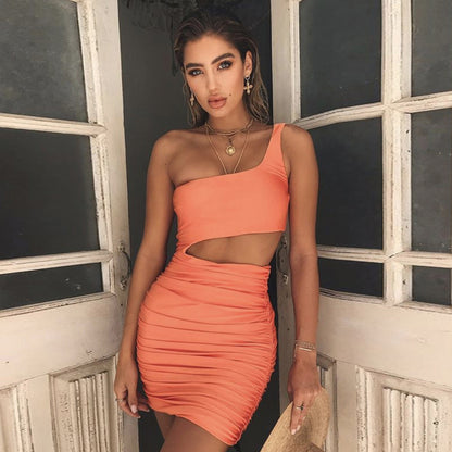 New summer women's single shoulder wrapped chest  nightclub bag buttock dress