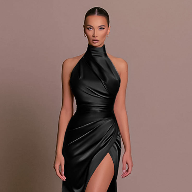 new temperament stand collar long skirt wind halter sleeveless slit slimming dress