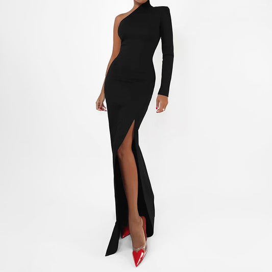 Black woolly knit high-waisted split sheath dress Wildberries spring/summer fashion woman