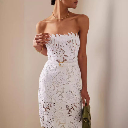 Strapless maple Leaf lace belt slim bandage dress
