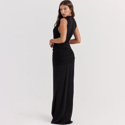 women's sexy deep V slit pleated long skirt black dress long