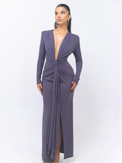 Deep V-neck sequin ribbon long dress Elegant long sleeve slit slim party dress