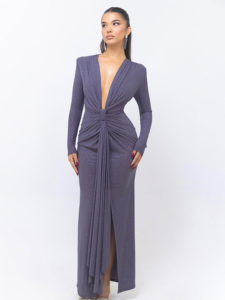 Deep V-neck sequin ribbon long dress Elegant long sleeve slit slim party dress