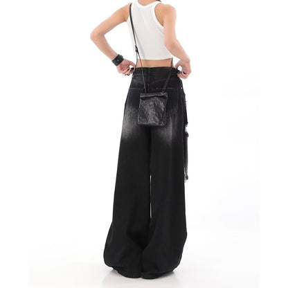 Black ripped jeans straight floor-length wide-leg