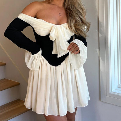 Wind sexy one-line collar waist off-the-shoulder autumn and winter new fashion color matching Spice girl flared sleeve dress