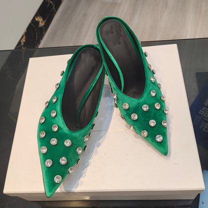 Walk down the runway filled with diamond slippers with high heels Vintage suede pointed stiletto heels elegant diamond half bag drag