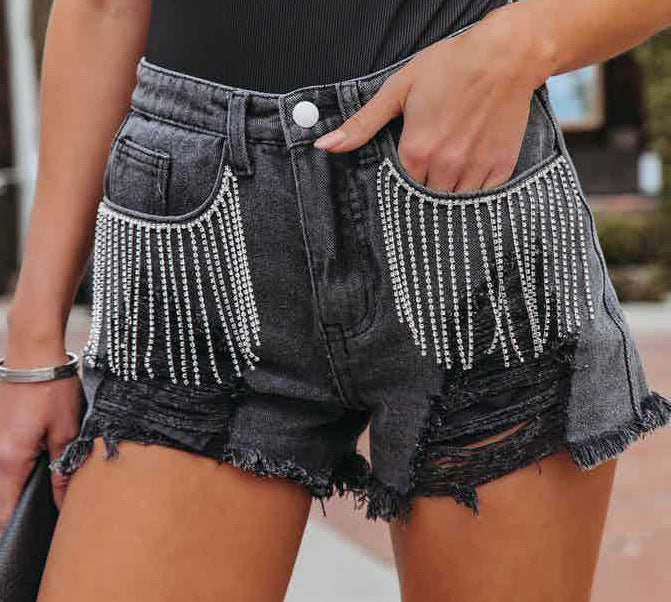 women's casual chain fringe ripped denim shorts women