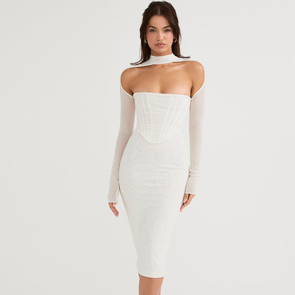 Women's gauze sexy hollow hanging neck fish bone sheath buttock sheath dress