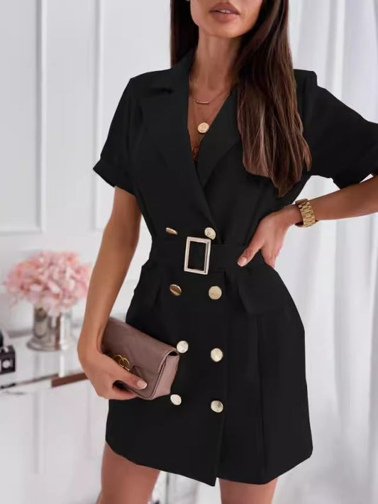 Short-sleeved double button suit collar dress