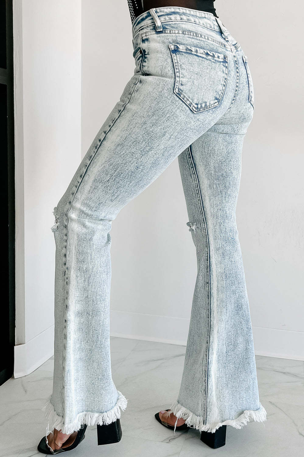 new wash denim high waist ripped fringe jeans woman