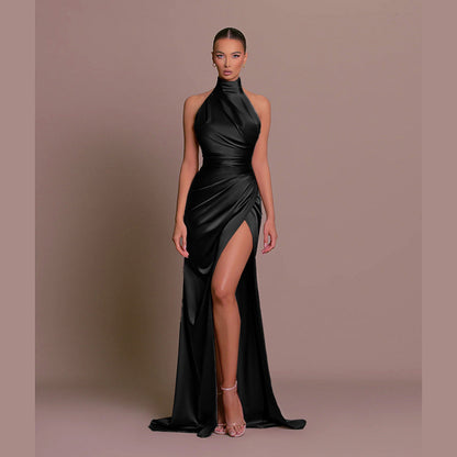 new temperament stand collar long skirt wind halter sleeveless slit slimming dress