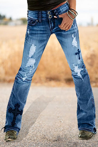 Rocker chick jeans Cross Embroidery Ripped Low Rise Bootcut Jeans