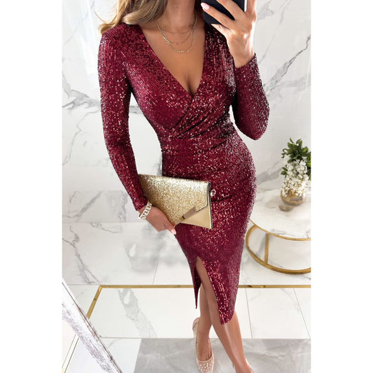 New sequin slit long-sleeved dress Casual loose party dress