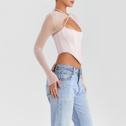 Dopamine wears a new mesh splicing hollowed-out waist long sleeve fishbone halter top