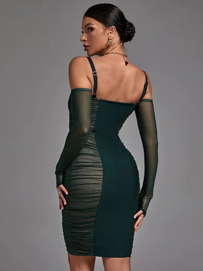 Net perspective pure desire Spice Girl strapless long sleeve halter hollow lace pleated dress sheath super spicy