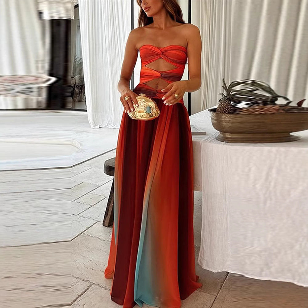 Temperament strapless hollow backless color blocked long skirt