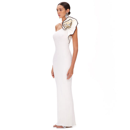 Spring new white one-shoulder flower black hem slim dress backless dress bandage elastic skirt