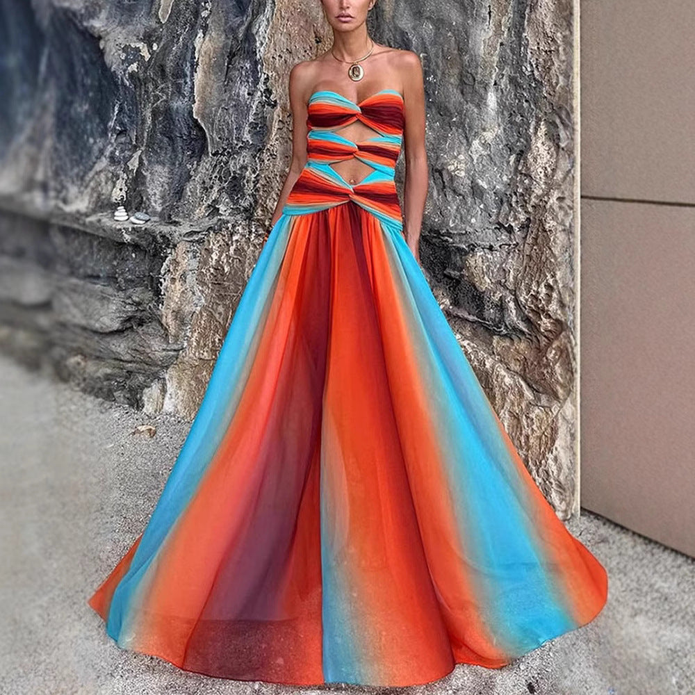 Temperament strapless hollow backless color blocked long skirt