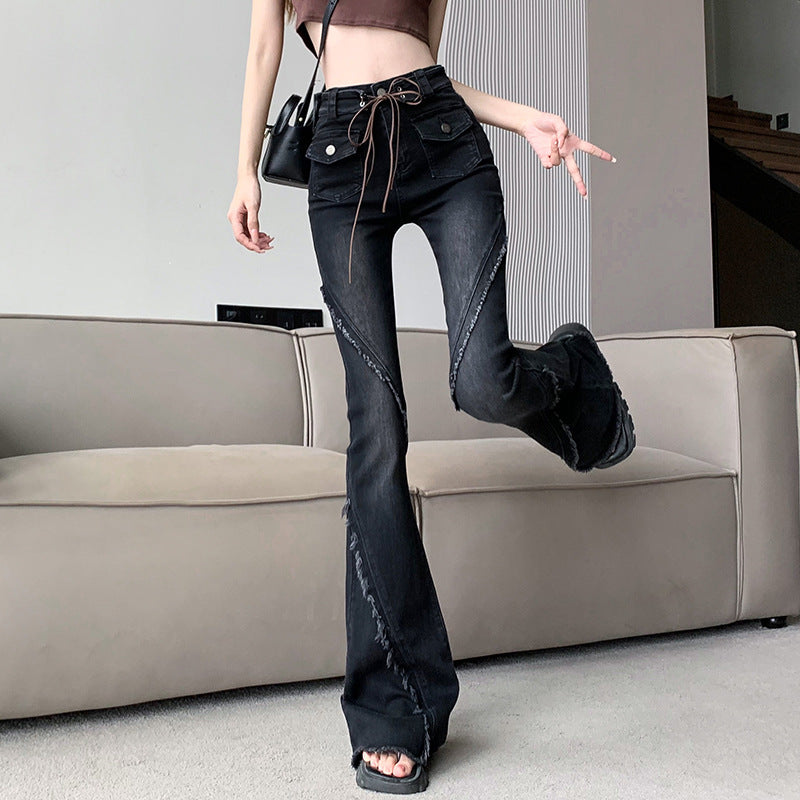 micro cropped denim, high-waisted stretch flared pants