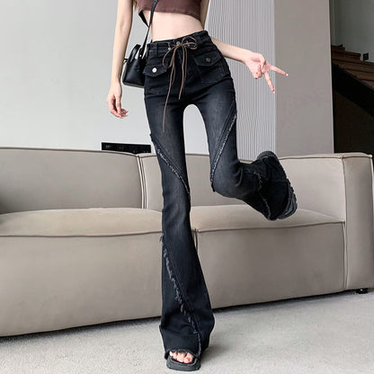 micro cropped denim, high-waisted stretch flared pants
