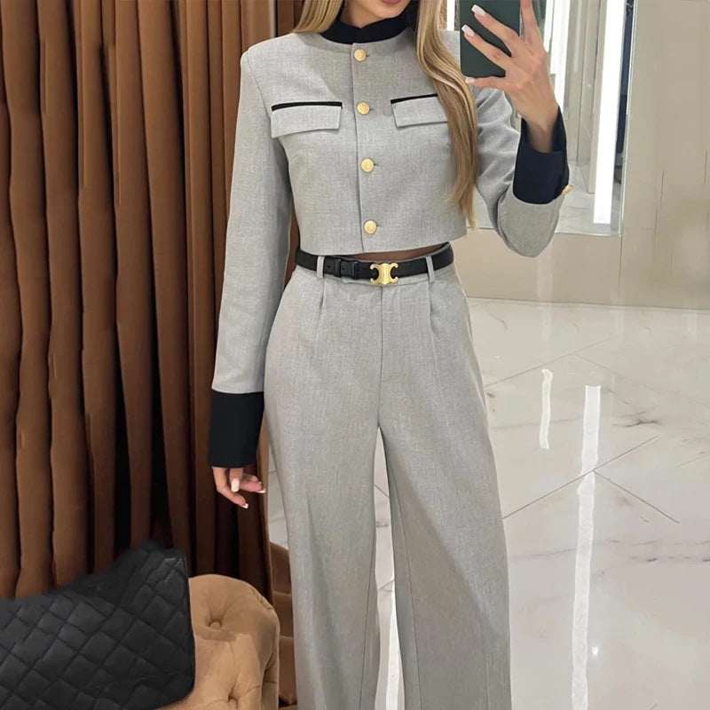 Color contrast elegant wide leg trouser two piece suit
