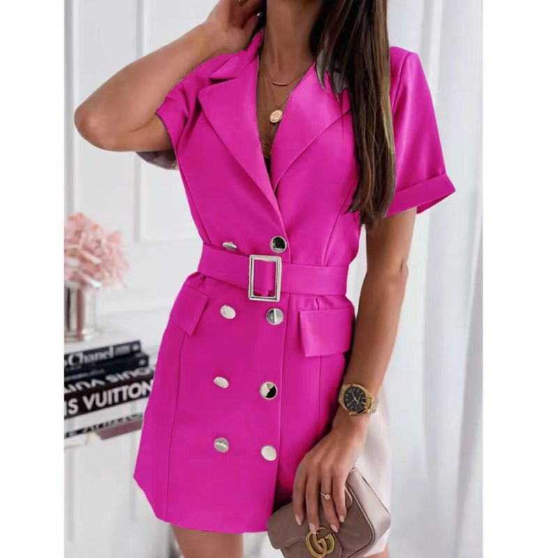 Short-sleeved double button suit collar dress