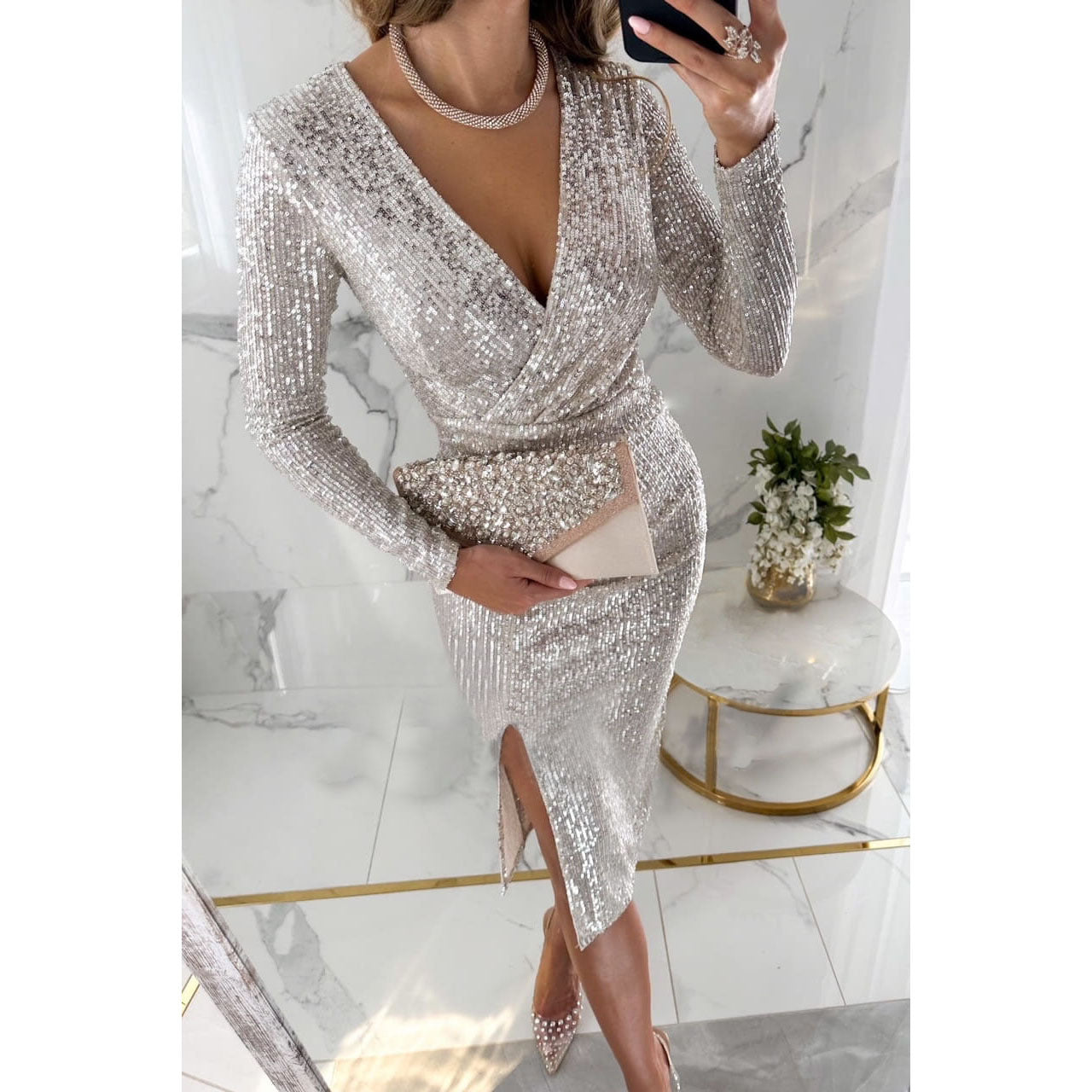 New sequin slit long-sleeved dress Casual loose party dress