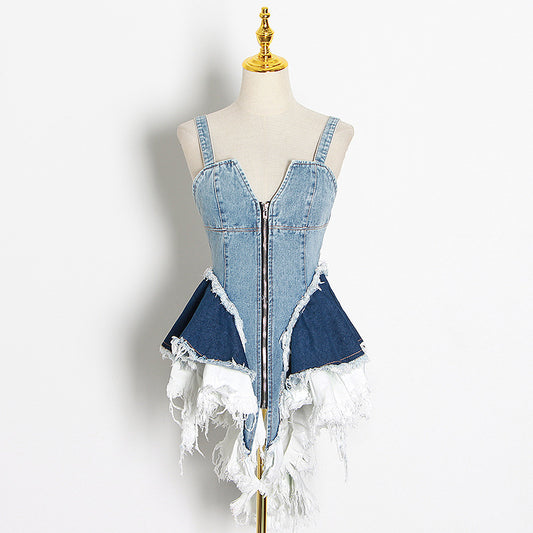 Spring new niche design sense color matching denim waist slimming waistcoat halter top