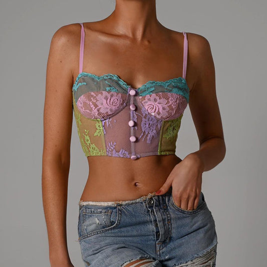 Contrasting color perspective lace embroidered fishbone wrapped chest irregular halter vest party top