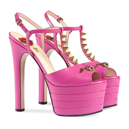 New fashion show round head high heels rivets collocation color hollow large size fish mouth sandals woman