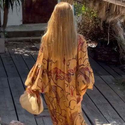 Summer new V-neck fashion print long-sleeved loose dress for women