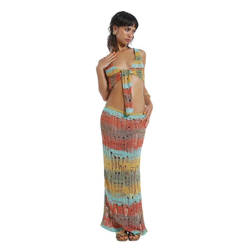 New summer women's knitted hollow sleeveless lace-up top slim-fit color contrast sexy long skirt suit