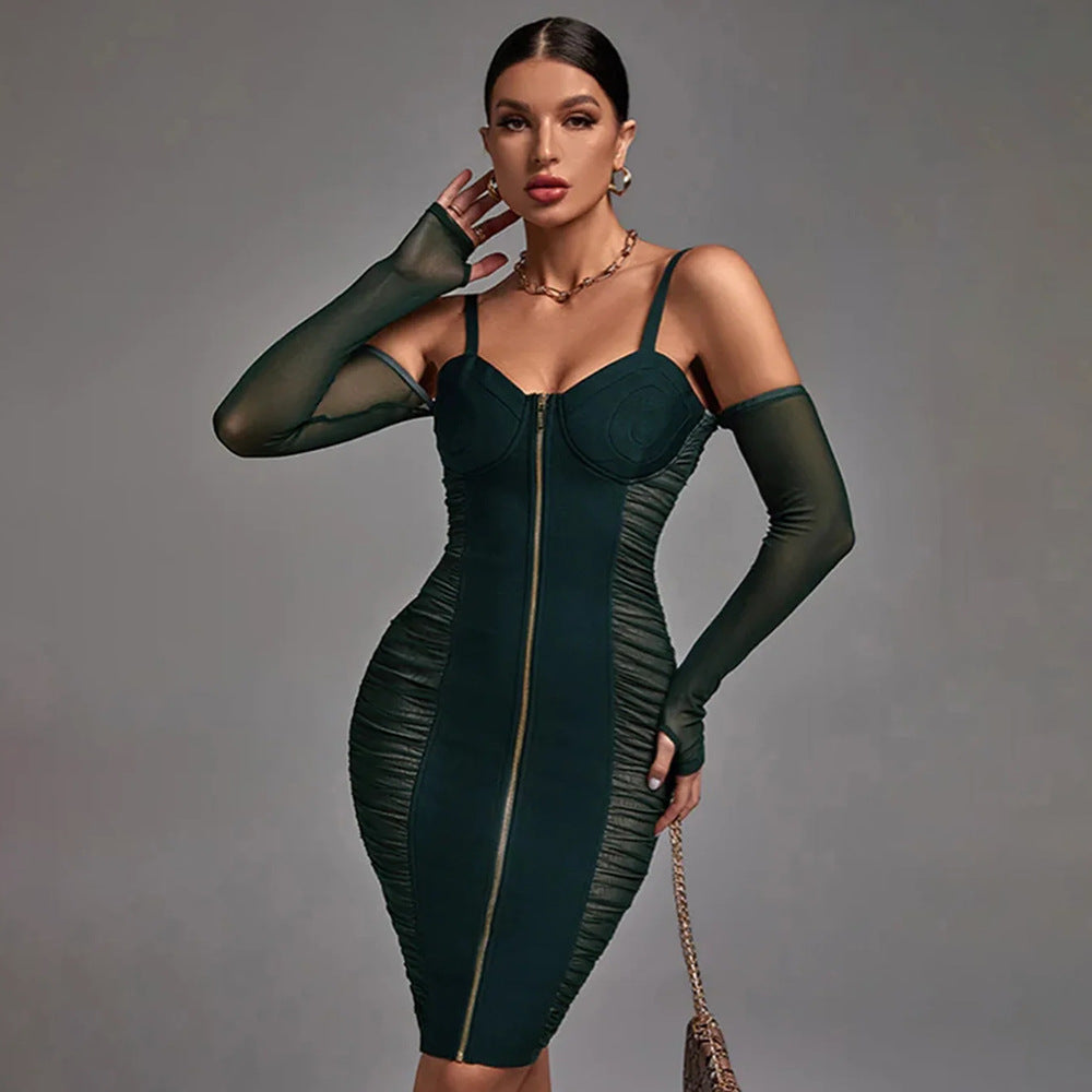 Net perspective pure desire Spice Girl strapless long sleeve halter hollow lace pleated dress sheath super spicy