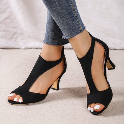 Simple and stylish back zipper bag with fish mouth shoes women's summer plus size side empty skinny heel Roman sandals