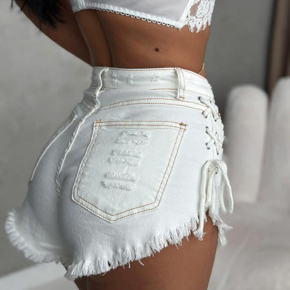 High-waisted lace-up design slim-fit, jeans shorts