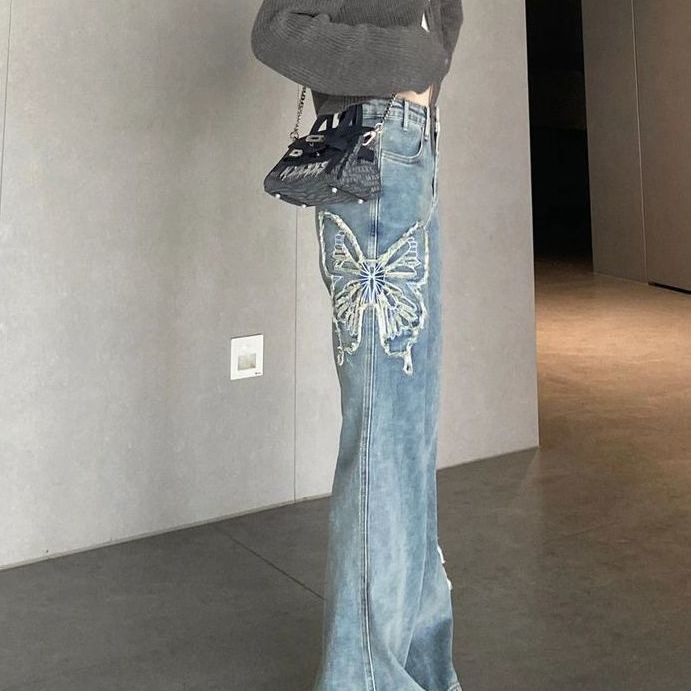 Vintage micro cut jeans women's spring summer embroidery butterfly high waist slimming straight leg pants