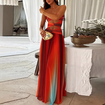 Temperament strapless hollow backless color blocked long skirt