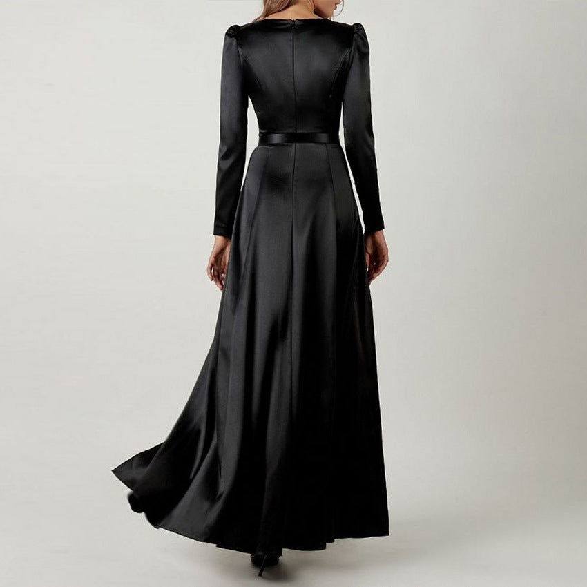 Satin square collar puffed sleeve black slit waist dress