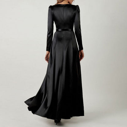 Satin square collar puffed sleeve black slit waist dress