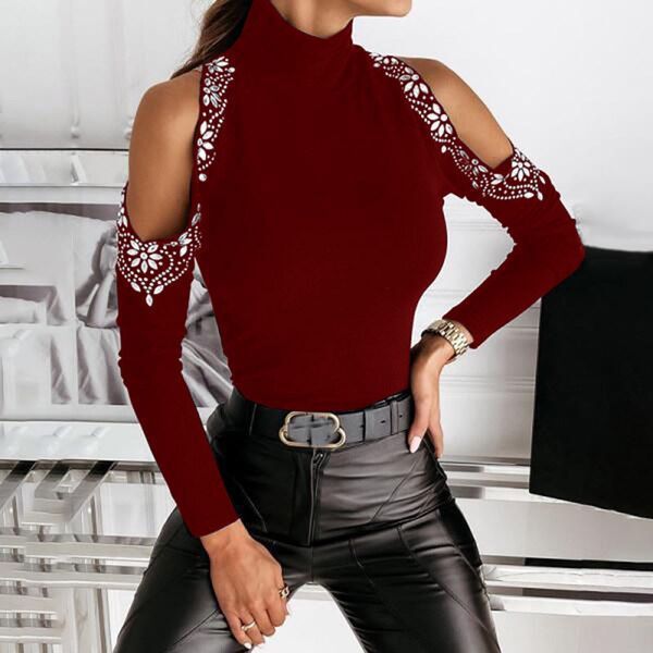 European station spring new fashion sexy solid color hot diamond off shoulder T-shirt base
