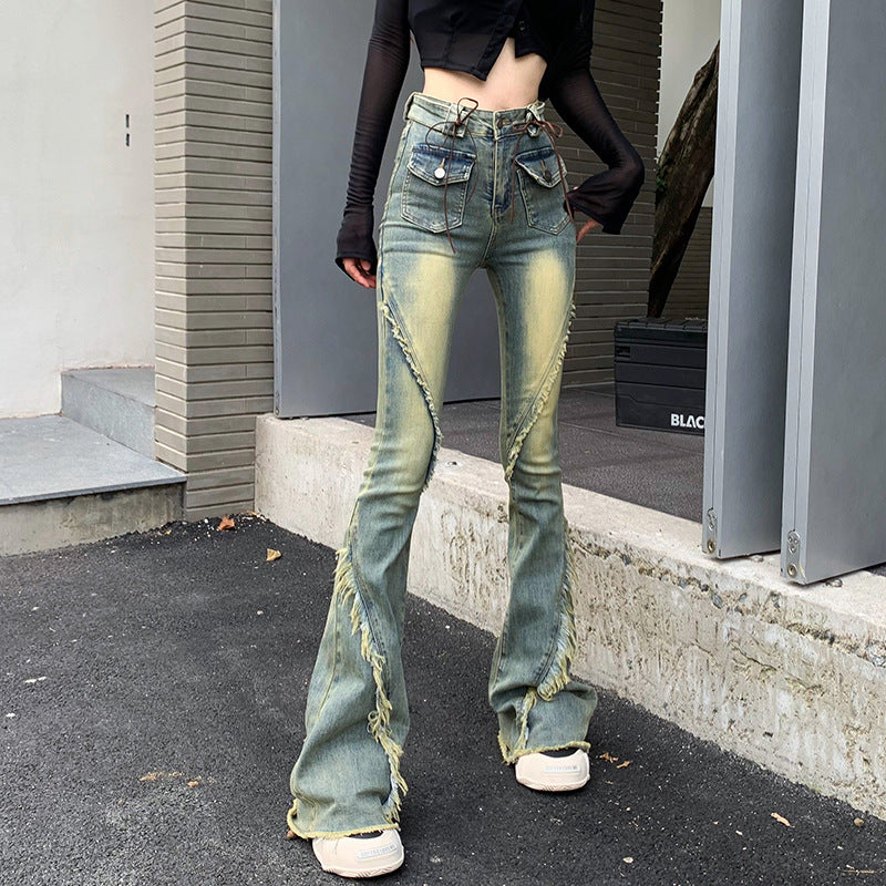 micro cropped denim, high-waisted stretch flared pants