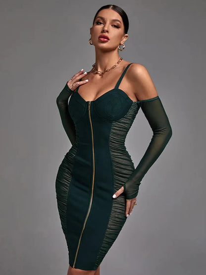 Net perspective pure desire Spice Girl strapless long sleeve halter hollow lace pleated dress sheath super spicy