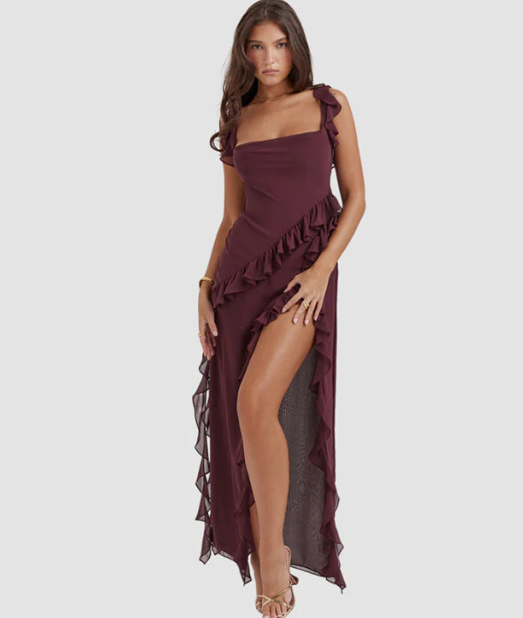 Spring new fashion Hottie slim high split ribbon sexy halter dress woman